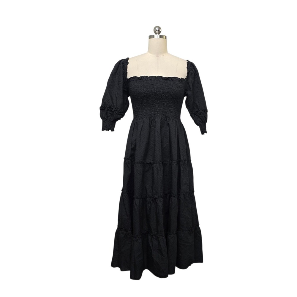 Hill House Home The Anjuli Nap Dress Black Swiss Dot Smocked Tiered Midi Size XS